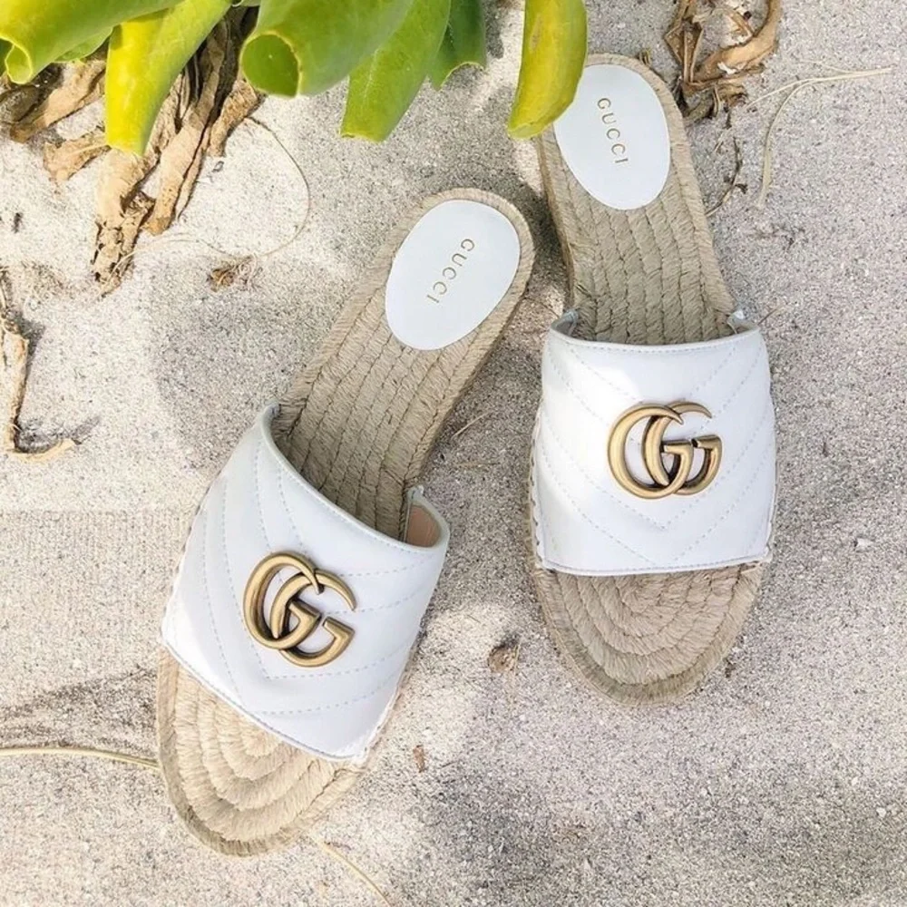 Gucci Marmont GG Gold White Quilted Leather Espadrille Slide Sandals